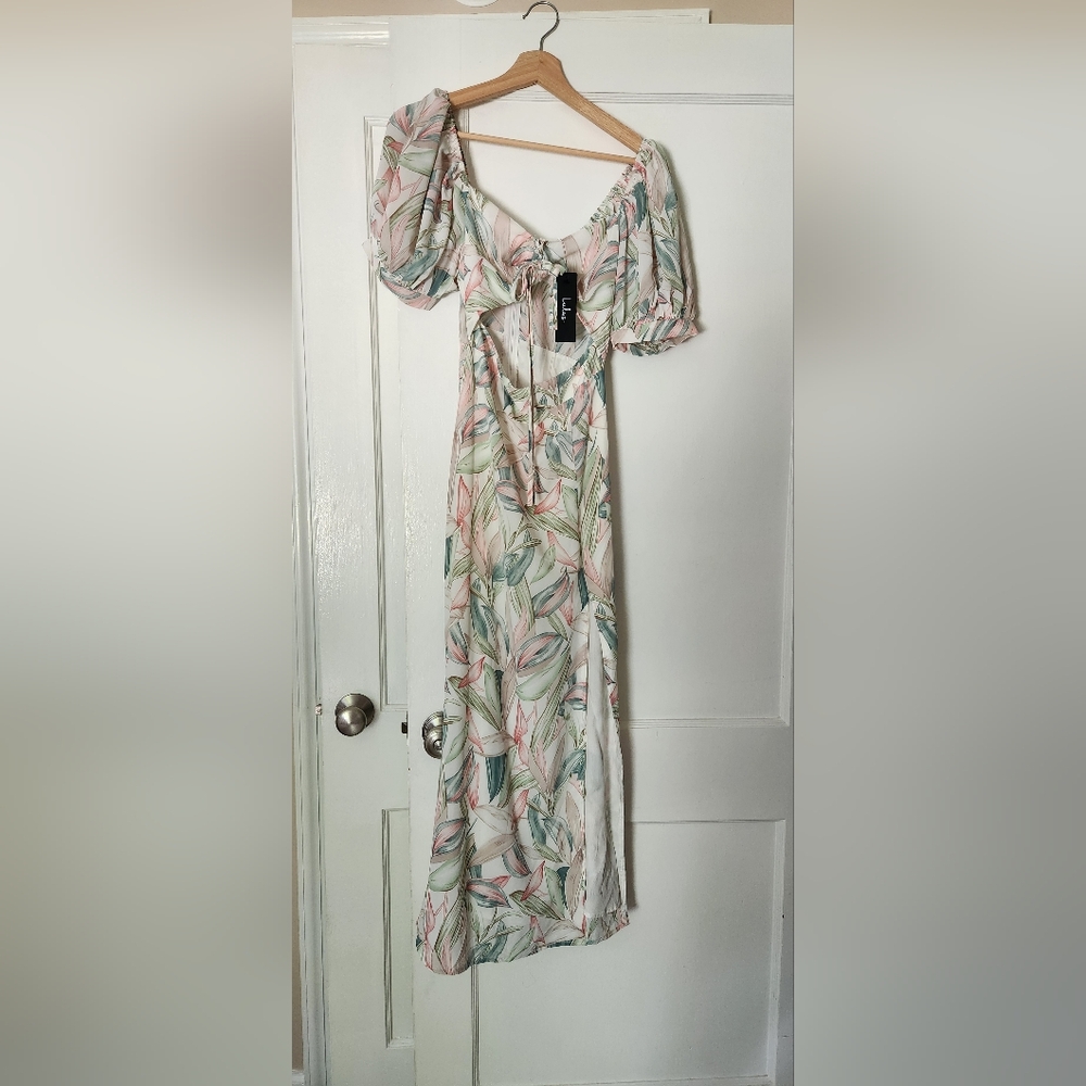 Lulu's White Floral Print Puff Sleeve Cutout Midi Dress, XS